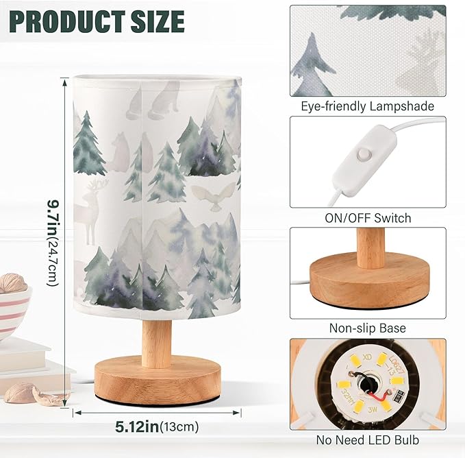 Table Lamp Watercolor Winter Forest Tree Animal Mountain Bear Deer Owl Nightstand Lamp with Wood Base Fabric Lamp Shade Bedside Desk Lamp for Living Room Bedroom Kids Room Office