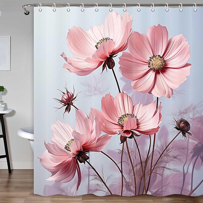 Floral Shower Curtain, Pink Flower Shower Curtains for Bathroom, Rustic Plant Chic Bathroom Decor Washable Durable Fabric Set with Hooks 72x72 Inch