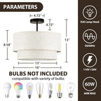 16" Semi Flush Mount Ceiling Lights, 3 Light Entryway Ceiling Light Fixtures with Double Drum Linen Fabric Shade, Large Drum Light Fixture for Bedroom, Foyer and Hallway
