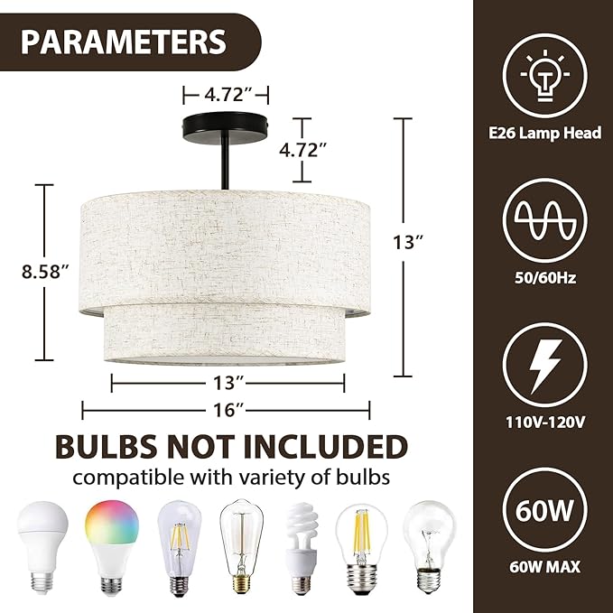16" Semi Flush Mount Ceiling Lights, 3 Light Entryway Ceiling Light Fixtures with Double Drum Linen Fabric Shade, Large Drum Light Fixture for Bedroom, Foyer and Hallway