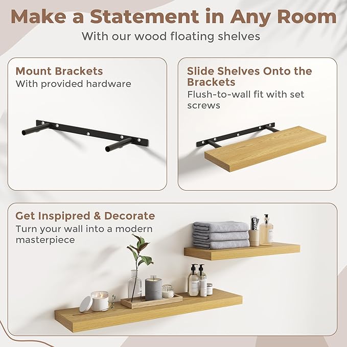 Floating Shelves for Wall with Invisible Brackets, Wall Mounted Engineered Wood Shelves with Wood Grain for Living Room, Bedroom, Bathroom, Kitchen Decor and Storage, Oak, 8"L Set of 3, Oak