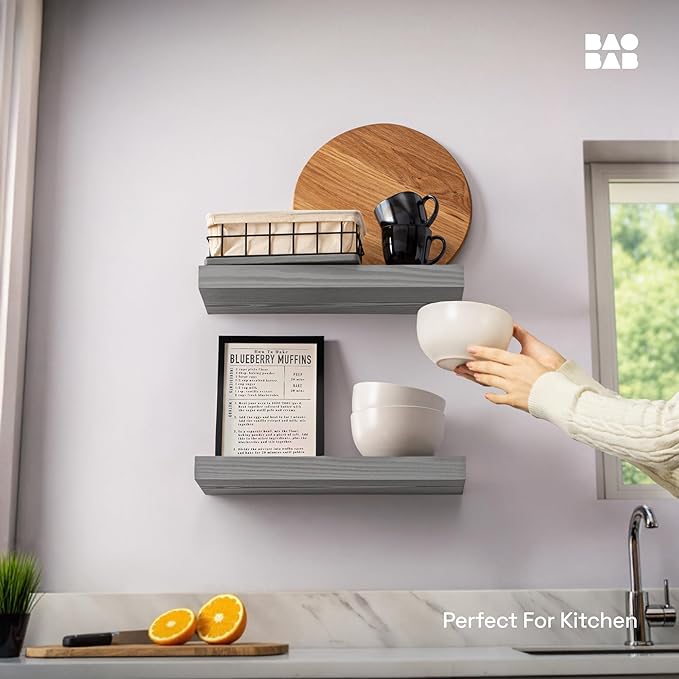 BAOBAB WORKSHOP Wood Floating Shelves for Wall - Rustic Shelf 16 inch - Grey Bathroom Shelves - Solid Wood Shelves for Wall for Bedroom Kitchen Living Room - Gray Finish, 16″ W × 6.7″ D, Set of 2