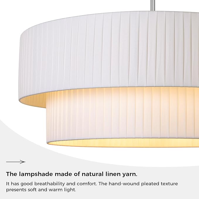 LamQee Large 5-Light Drum Chandelier, 2-Layer 23.6inch-Chrome Ceiling Light Fixture with Fabric Shade Modern Hanging Pendant Light for Dining Room Living Room Bedroom Kitchen Island