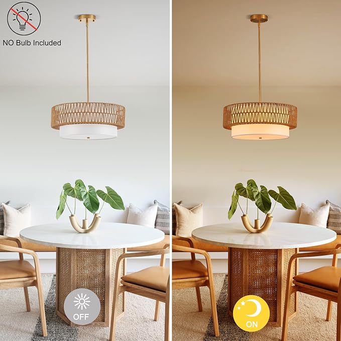 19" Rattan Chandelier 3-Light Vintage Farmhouse Hand-Woven Boho Hanging Light Fixture Modern Drum Wicker Rattan Gold Chandelier with Fabric Shade for Dining Room, Kitchen, Living Room