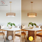 19" Rattan Chandelier 3-Light Vintage Farmhouse Hand-Woven Boho Hanging Light Fixture Modern Drum Wicker Rattan Gold Chandelier with Fabric Shade for Dining Room, Kitchen, Living Room