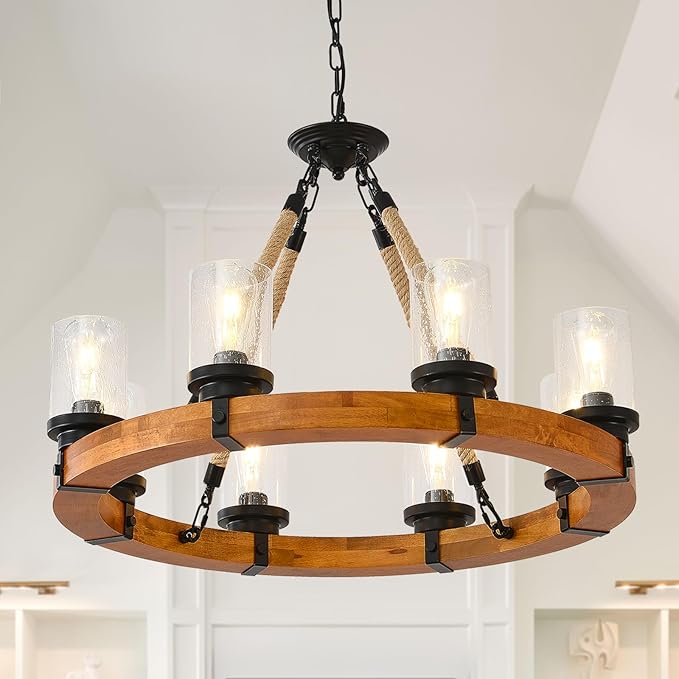 8 Light Rustic Wagon Wheel Chandelier, 32'' Wooden Pendant Light with Seeded Glass Shade, Industrial Chandeliers for Dining Room Kitchen Island Foyer (Solid One-Piece Wood Frame Design)