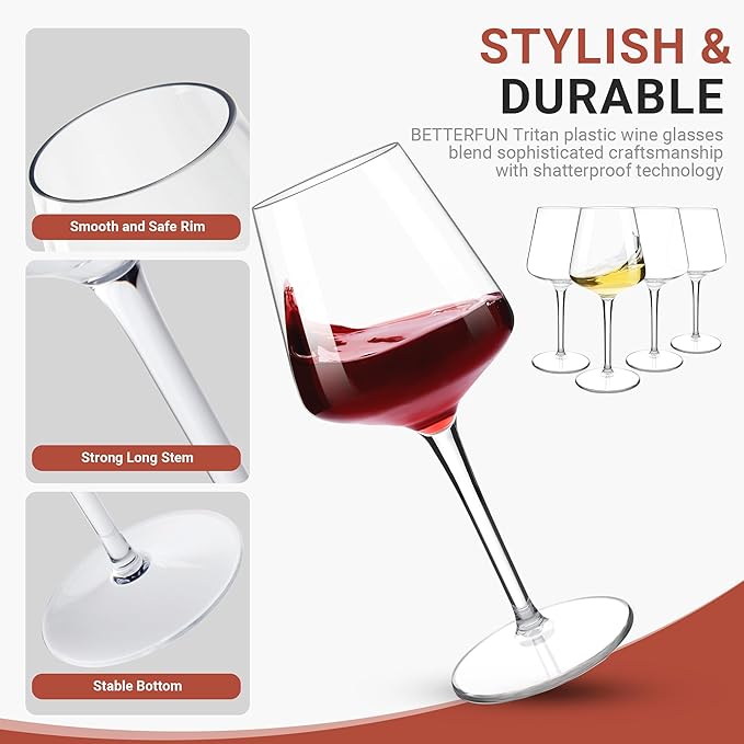 Tritan-Plastic Floating Red Wine Glasses for Pool Set of 4, 15 oz Holiday Drinkware Durable Wine Glasses with Long Stem, Ideal for Home, Party, Wedding, Beach