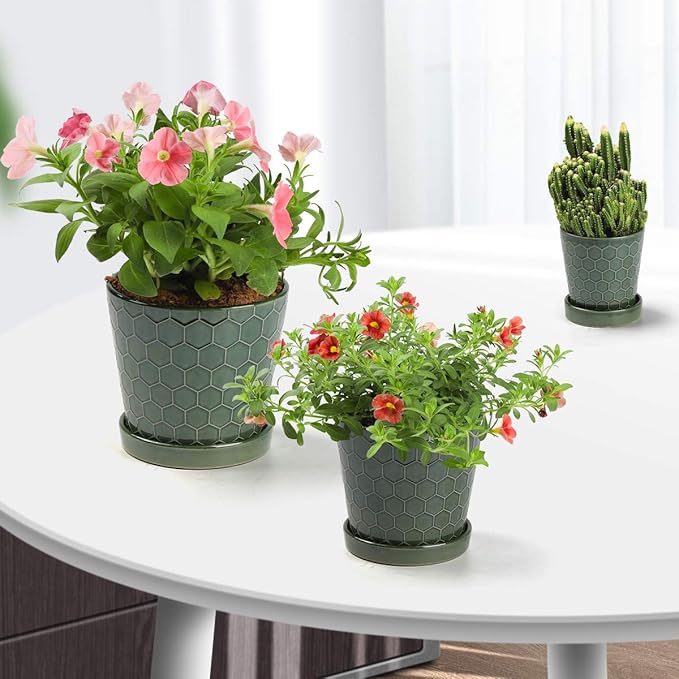 BUYMAX Ceramic Plant Pot – 4”+5”+6” inch Ceramic Flower Pot with Drainage Holes and Tray - Gardening Home Desktop Office Windowsill Decoration Gift Set 3 (Patina)