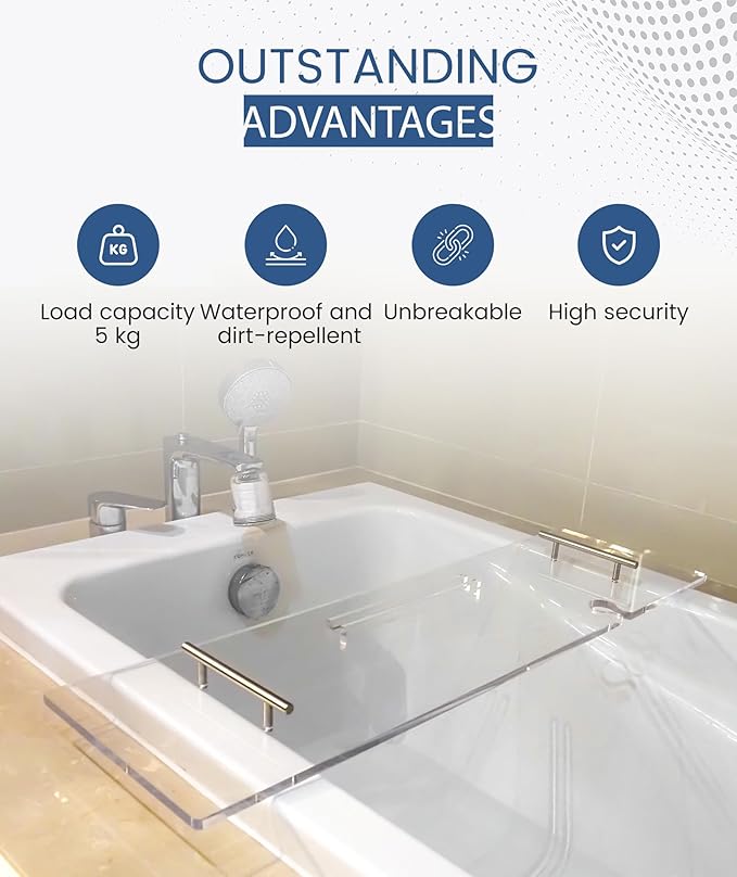 Acrylic Bathtub Tray Clear Bathtub Caddy Bath Tray Table for Tub Luxury Spa with Book and Wine Glass Holder Bathroom Accessories for Bathroom Decoration, Transparent 35.4inch