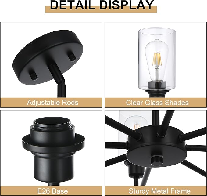 8-Light Modern Black Chandelier with Clear Glass Shades, E26 Base Farmhouse Pendant Light Fixture, Adjustable Swivel Heads Ceiling Lighting, Industrial Chandelier for Dining Room Kitchen Hallway