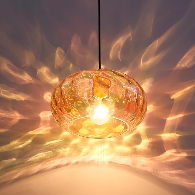 Amber Glass Pendant Lighting, 11" Hammered Lampshade Hanging Lamp, 1-Light Brass Gold Chandelier for Dining Living Room Kitchen Island