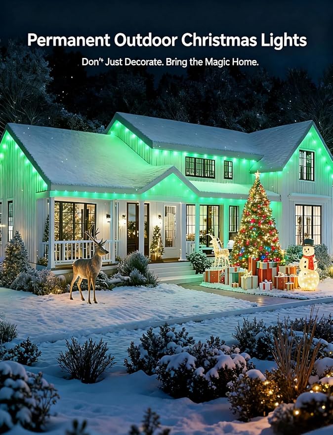 50FT Permanent Outdoor Lights, Smart RGB LED Lights Outside with DIY Colors Scene Modes, 25LED IP67 Waterproof Eaves Lights for Christmas Halloween Holiday Party Garden Daily Decorations