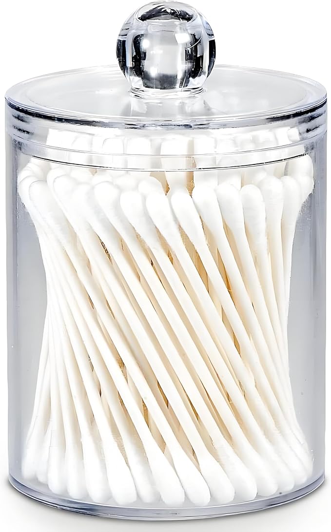 AXX Qtip Dispenser Apothecary Jars Bathroom - Qtip Holder Storage Canister Clear Plastic Jar for Cotton Swab,Q-Tips,Cotton Rounds (D#Clear 3Pcs)