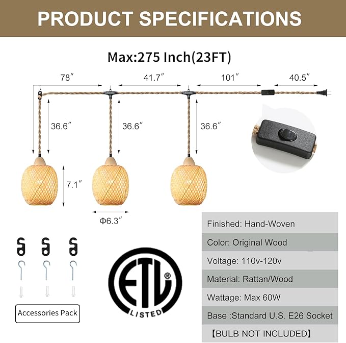 3-Light Bamboo Plug in Pendant Light with Switch, Boho Hanging Lights, 15ft Hand Woven Cord, for Bedroom Kitchen Island Farmhouse, ETL Listed