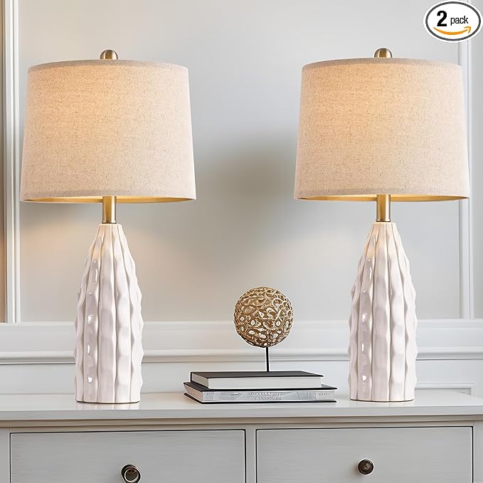 23.75-inch Ceramic Table Lamps Set of 2 for Living Room, Bedside Lamp for Bedroom and Farmhouse Nightstands or End Tables