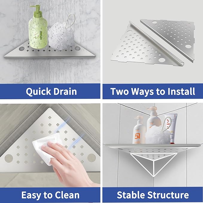 Corner Shower Shelves 2-Pcs, 10” Rustproof 304 Stainless Steel Shower Corner Shelf with Razor Holder, No Drilling Bathroom Shower Shelf for Tiled Wall (Brushed Silvery Style 2)