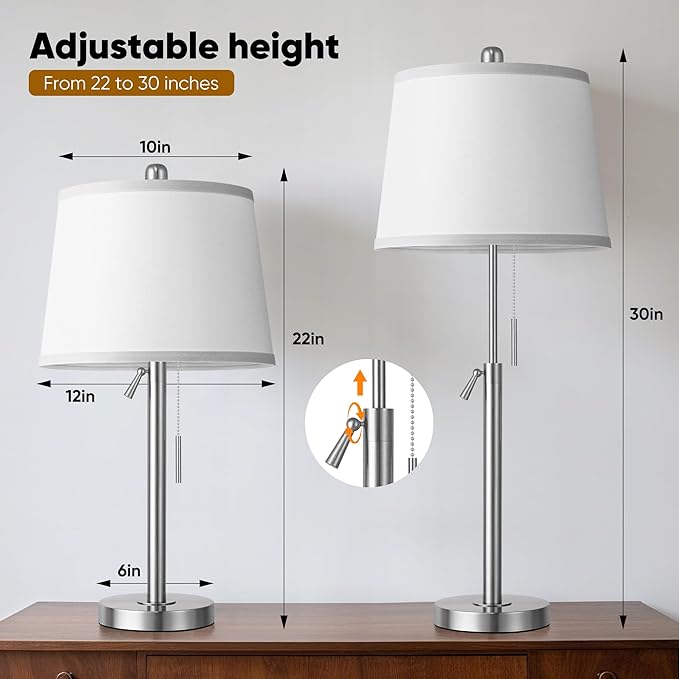 PARTPHONER Bedside Lamps Set of 2, Tall Table Lamps for Living Room, Height Adjustable Nightstand Lamps for Bedroom Office, Modern End Table Lamps with Pull Chain(LED Bulbs Included), Sand Nickel