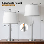PARTPHONER Bedside Lamps Set of 2, Tall Table Lamps for Living Room, Height Adjustable Nightstand Lamps for Bedroom Office, Modern End Table Lamps with Pull Chain(LED Bulbs Included), Sand Nickel