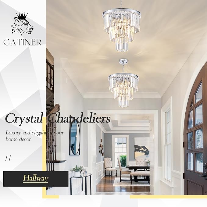 Modern Chrome Crystal Chandeliers 16" Small Pendant Light Luxury 3 Tiers 6-Light K9 Crystal Ceiling Pendant Round Light Fixture for Dining Room Entryway Kitchen Bedroom Closet