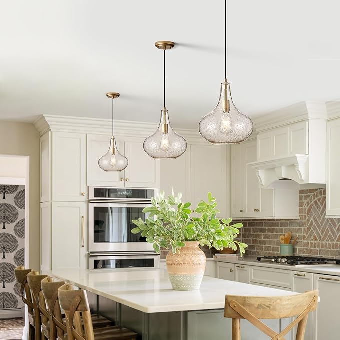 Handcrafted 11-Inch Mid-Century Modern Brass Gold Pendant Light with Seeded Glass Shade - Elegant Dining Room Pendant Light