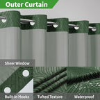 No Hook Shower Curtain and Liner Set,No Hook Tufted Striped Textured Shower Curtain with Snap in Liner Replacement and Waterproof Fabric,Boho Style with See Through Top Window,DarkGreen,71Wx77H