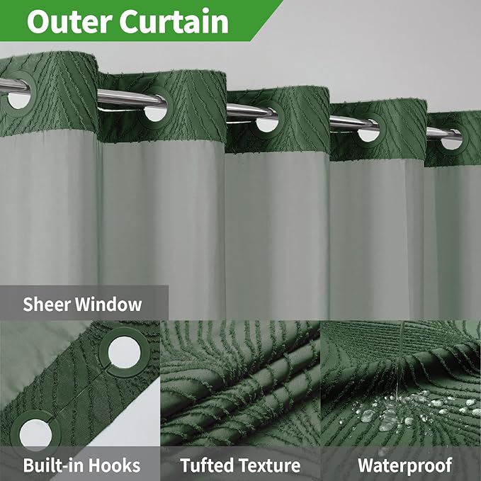 No Hook Shower Curtain and Liner Set,No Hook Tufted Striped Textured Shower Curtain with Snap in Liner Replacement and Waterproof Fabric,Boho Style with See Through Top Window,DarkGreen,71Wx74H