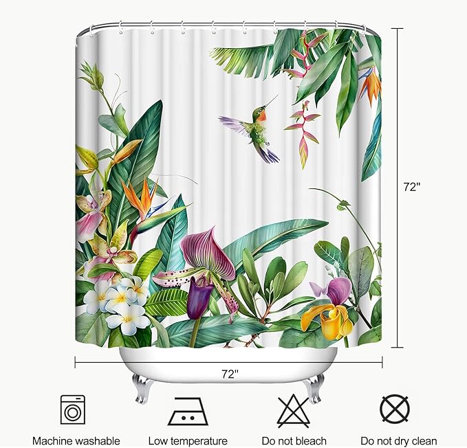 Summer Hummingbird Shower Curtain Tropical Leaves Floral Bird Green Shower Curtains for Bathroom Waterproof Polyester Fabric Bath Curtain 72 x 72 Inch with 12 Hooks