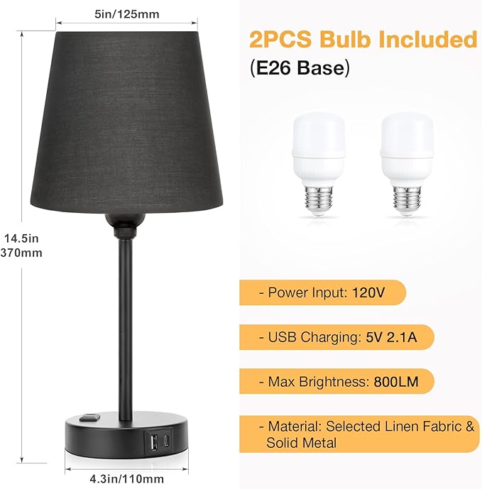 Black Lamp for bedrooms Set of 2 - Nightstand Bedroom Lamp with USB C Port and AC Outlet Charging, 3 Way Dimmable Touch Control Bed Side Table Lamp, Small Night Stand Light for Men/Kids