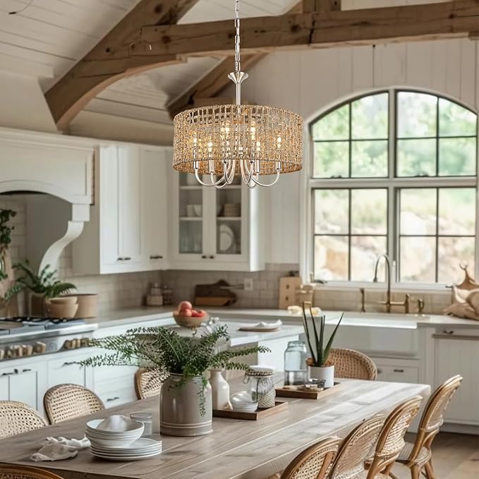 LynPon 17.7" Brushed Nickel Boho Rattan Chandeliers for Dining Room, 6-Light Seagrass Pendant Light Fixtures with Hand Woven Wicker Shade, Farmhouse Drum Chandelier for Living Room Kitchen Hallway