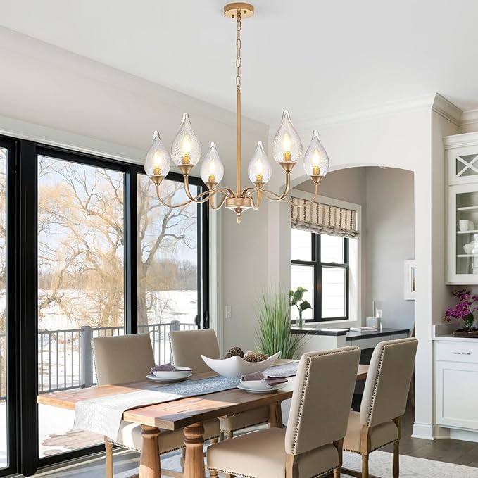 6-Light Farmhouse Brass Gold vintage Chandelier 23.6 Inch - Rustic Industrial Iron Candle Hanging with Clear Glass Shades - Dining Room Lighting Fixture for Hallway, Living Room, Foyer, Kitchen Island
