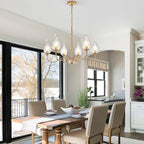 6-Light Farmhouse Brass Gold vintage Chandelier 23.6 Inch - Rustic Industrial Iron Candle Hanging with Clear Glass Shades - Dining Room Lighting Fixture for Hallway, Living Room, Foyer, Kitchen Island