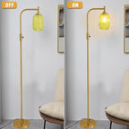 Dimmable Brass Gold Floor Lamp, Mid Century Modern Standing Lamp with Ribbed Green Glass Lampshade,Tall Lamp for Living Room Bedroom Study Room