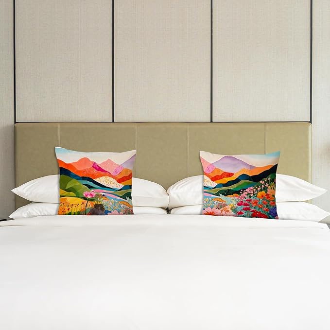 JINYO Abstract Mountain Pillow Covers 18x18 Set of 2, Abstract Mountain Floral Pillow Cases Watercolor Landscape Decorative for Home Bedroom Living Room Office Decor, Vintage Western Decor