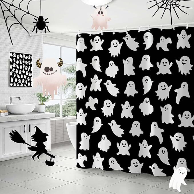 Metawu Halloween Shower Curtain Ghost Shower Curtains Sets Spooky Boo Bathroom Curtain for Kids Washable Waterproof Bathtubs Curtains 72"×72" with 12 Hooks Bathroom Decoration