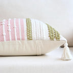 18x18 Boho Pink and Green Decorative Pillow Cover with Cording and Tassels Handmade Accent Woven Textured Square Throw Pillow Case for Couch Sofa Farmhouse Living Room Home Decor