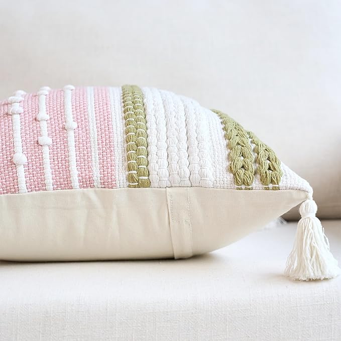 18x18 Boho Pink and Green Decorative Pillow Cover with Cording and Tassels Handmade Accent Woven Textured Square Throw Pillow Case for Couch Sofa Farmhouse Living Room Home Decor