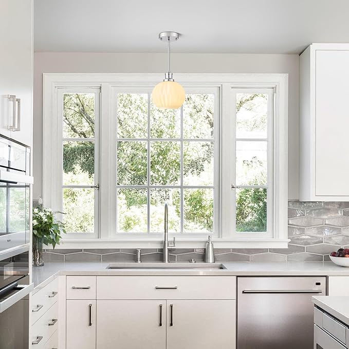 Brushed Nickel Pendant Lights Kitchen Island 2 Pack, 7.3" Milk Glass Modern Pendant Light Fixtures with Rods, Globe Hanging Lighting for Kitchen Sink Bathroom Dining Room, E26 Base