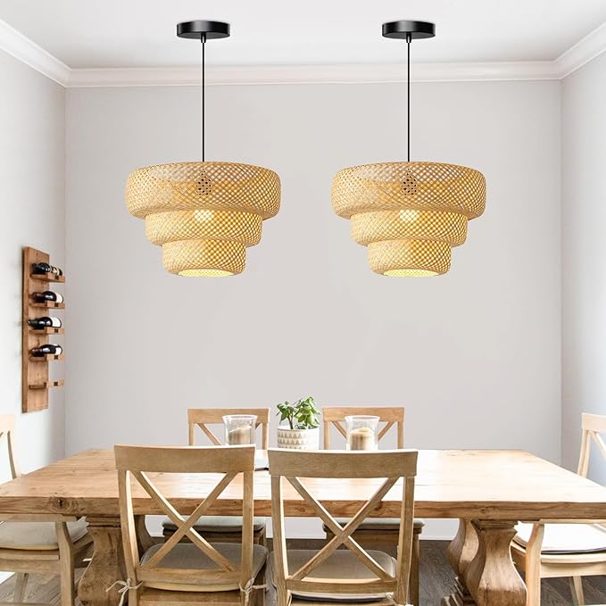 18inch Bamboo Rattan Pendant Light, 3-Layer Hand-Woven Wicker Boho Hanging Ceiling Light Fixture, Beige Rustic Farmhouse Chandelier Lamp for Kitchen Island, Dining Room, Bedroom, Living Room