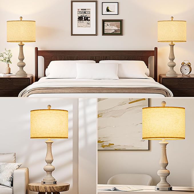 26" Farmhouse Resin Table Lamp for Bedroom Set of 2, Retro Bedside Lamps for Nightstand with USB C+A Ports, 3 Color Temperature Desk Lamp, Vintage Table Lamps for Living Room (2 Bulbs Included)