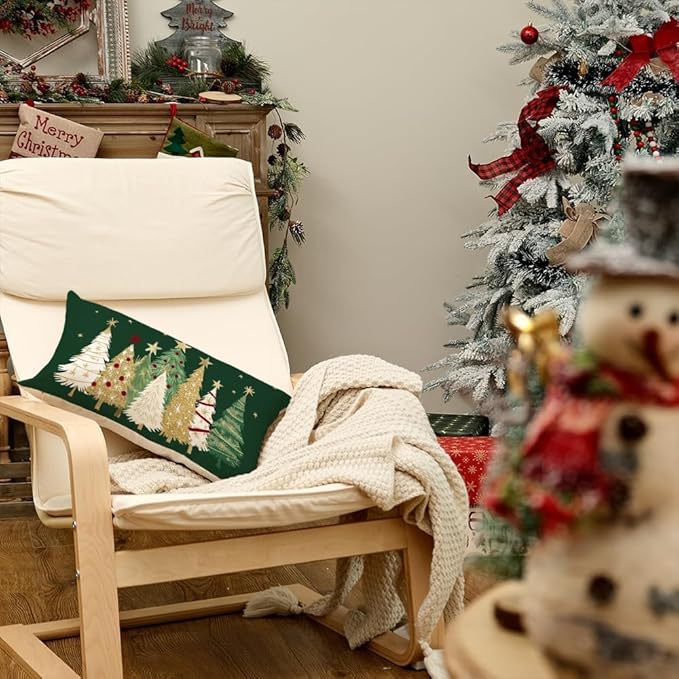 AACORS Christmas Pillow Cover 12X20 Inch Watercolor Christmas Tree Stars Decoration Holiday Farmhouse Winter Pillow Case for Sofa Couch Decor（Green） AA366-12