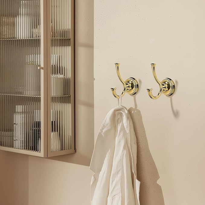 TUNNY Towel Hook Bathroom-2 Pack Shiny Gold（PVD-Gold） Double Robe/Towel Hook Wall Mounted Hook for Bathroom Bedroom Kitchen