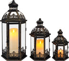 TRIROCKS Large Set of 3 Decorative Lanterns 19''&13.5''&9.5" H Vintage Hanging Lantern Metal Candleholder with Tempered Glass for Indoor Outdoor Home Decor Parties Garden(Black with Gold Brush)