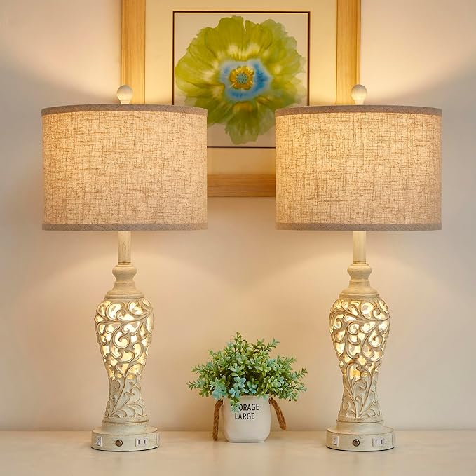 26" Farmhouse Table Lamp - 2 USB A+C 3-Way Dimmable Touch Lamps with Nightlight for Living Room Bedroom Lamp Bedside Nightstand Lamps (Bulb Included)