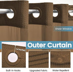 Brown No Hook Shower Curtain with Snap in Liner,230GSM Waffle Weave Shower Curtains for Bathroom,71W x 74H
