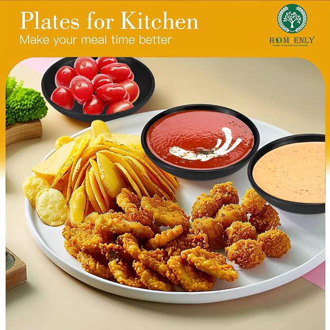 Plastic Dipping Plates Set of 8 - 4 inch Wheat Straw Plates,Soy Sauce Dish,Dipping Bowls,Small Serving Bowls for Side Dishes, Mini Appetizer Plates for Side Dishes,Condiment,BBQ and Party Dinner-Black