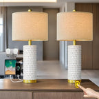 PORTRES 24" Modern Ceramic Table Lamp Set of 2 for Living Room Gold Bedside Lamps with USB A+C Charging Ports for Bedroom Farmhouse Nightstand Lamp 3-Way Dimmable Touch End Table Lamps