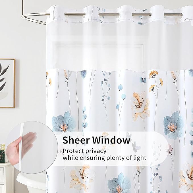 QiyI Flower Shower Curtain with Snap in Liner, Blue Beige Watercolor Floral Cloth Bath Curtains, No Hook Shower Curtains with Mesh Top Window, Fabric Waterproof Bathroom Curtain Set, 72 x 87 Inch