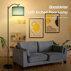 Montage Mid Century Arched Floor Lamp with Green Linen Shade, E26 Socket, Footswitch - Perfect for Living Room, Bedroom or Office