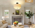 3 Light Double Drum Semi Flush Mount Ceiling Light, Close to Ceiling Light Fixture, 16 Inch with Fabric Linen Shade, Black Brass, for Living Room, Bedroom, Dining Room,Hallway and Entryway