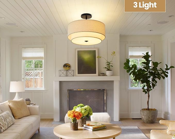 3 Light Double Drum Semi Flush Mount Ceiling Light, Close to Ceiling Light Fixture, 16 Inch with Fabric Linen Shade, Black Brass, for Living Room, Bedroom, Dining Room,Hallway and Entryway